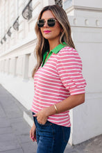 Load image into Gallery viewer, Stripe Short Puff Sleeve Collared Blouse