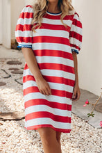 Load image into Gallery viewer, Stripe Contrast Trim Puff Sleeve Shift Dress