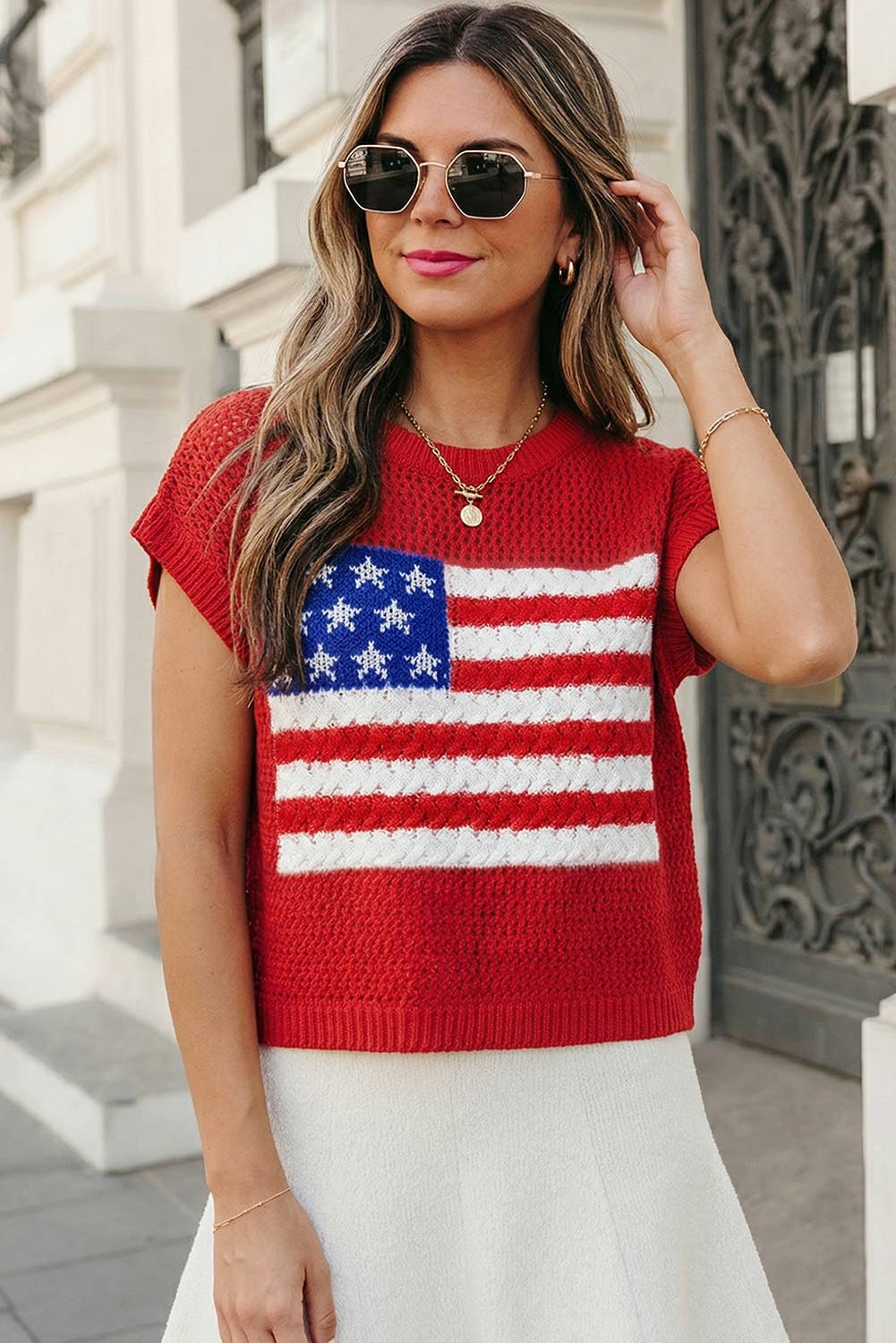 USA Flag Graphic Short Sleeve Sweater Top