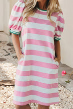 Load image into Gallery viewer, Stripe Contrast Trim Puff Sleeve Shift Dress