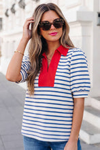 Load image into Gallery viewer, Stripe Short Puff Sleeve Collared Blouse