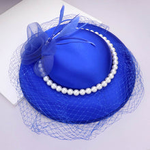 Load image into Gallery viewer, Mesh Flower Feather Pearl Trimmed Fascinator / Headband *FINAL SALE*
