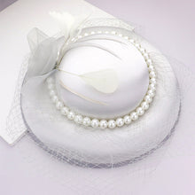 Load image into Gallery viewer, Mesh Flower Feather Pearl Trimmed Fascinator / Headband *FINAL SALE*
