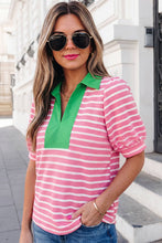 Load image into Gallery viewer, Stripe Short Puff Sleeve Collared Blouse
