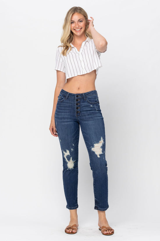 Judy Blue High Waist Zigzag Button Fly Boyfriend