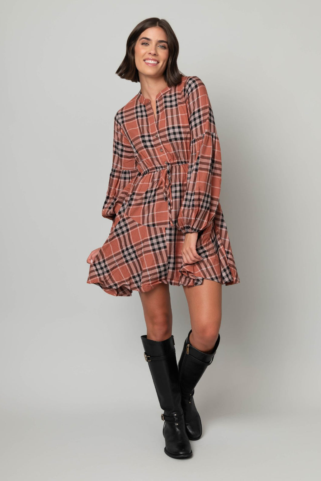 Balloon Sleeve Plaid Henley Dress
