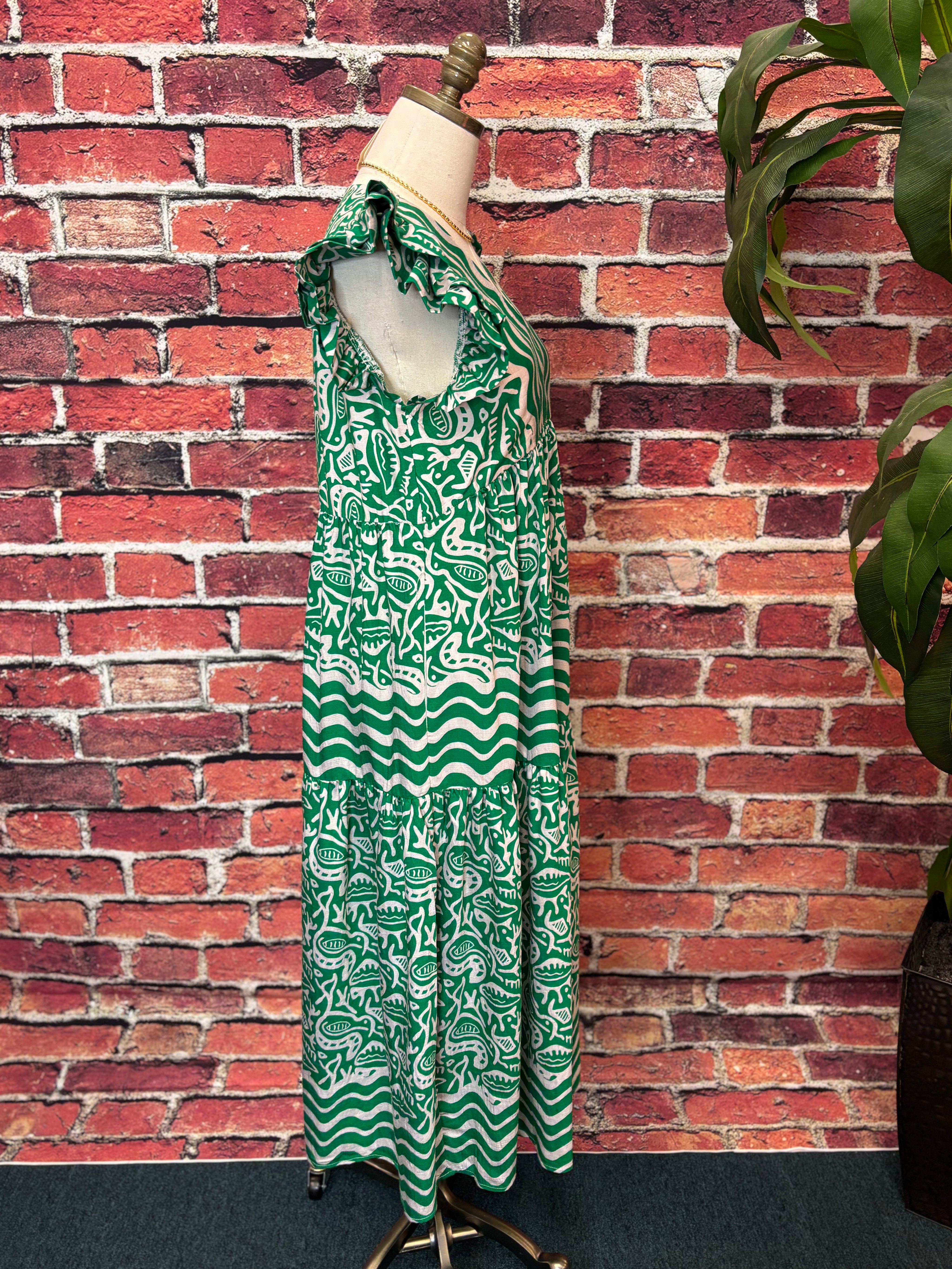 Emerald Wave Ruffle Midi Dress