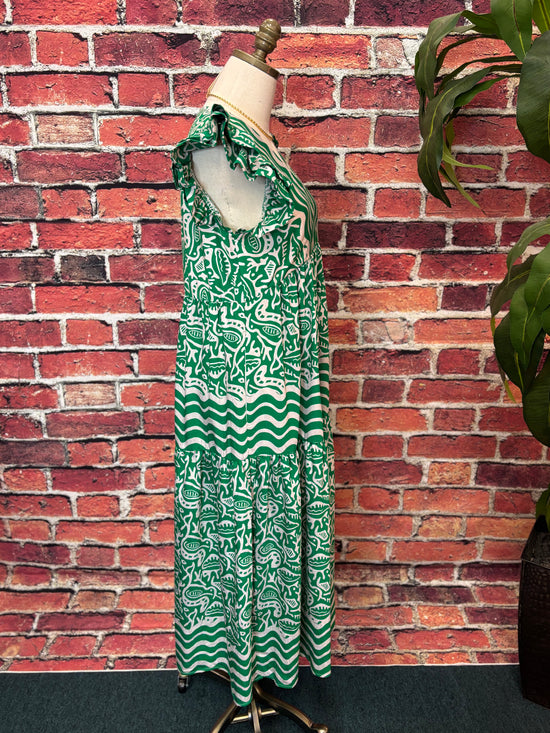Emerald Wave Ruffle Midi Dress