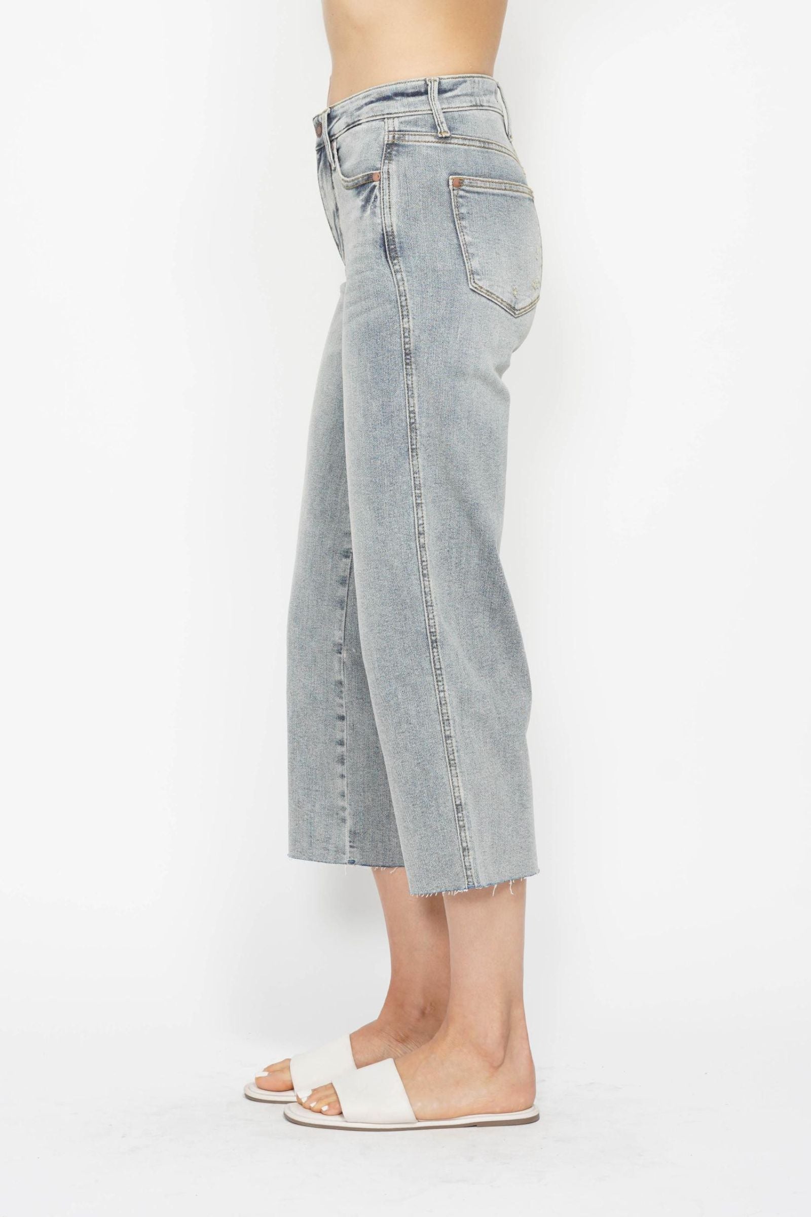 Judy Blue Mid Rise Tummy Control Raw Hem Crop Wide