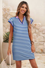 Load image into Gallery viewer, Striped Collar Split Neck Short Dress
