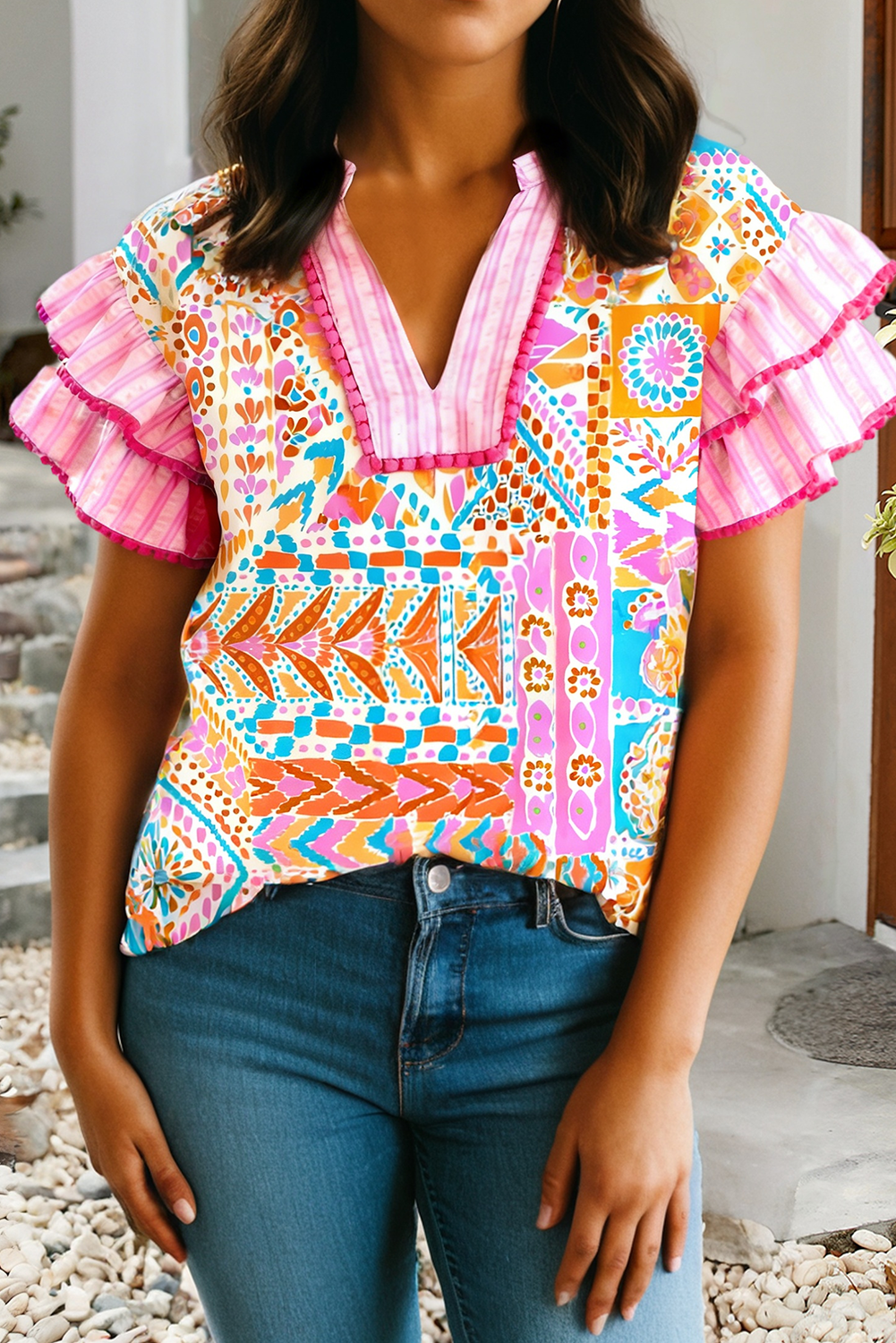 Boho Contrast Striped Patchwork Tiered Blouse