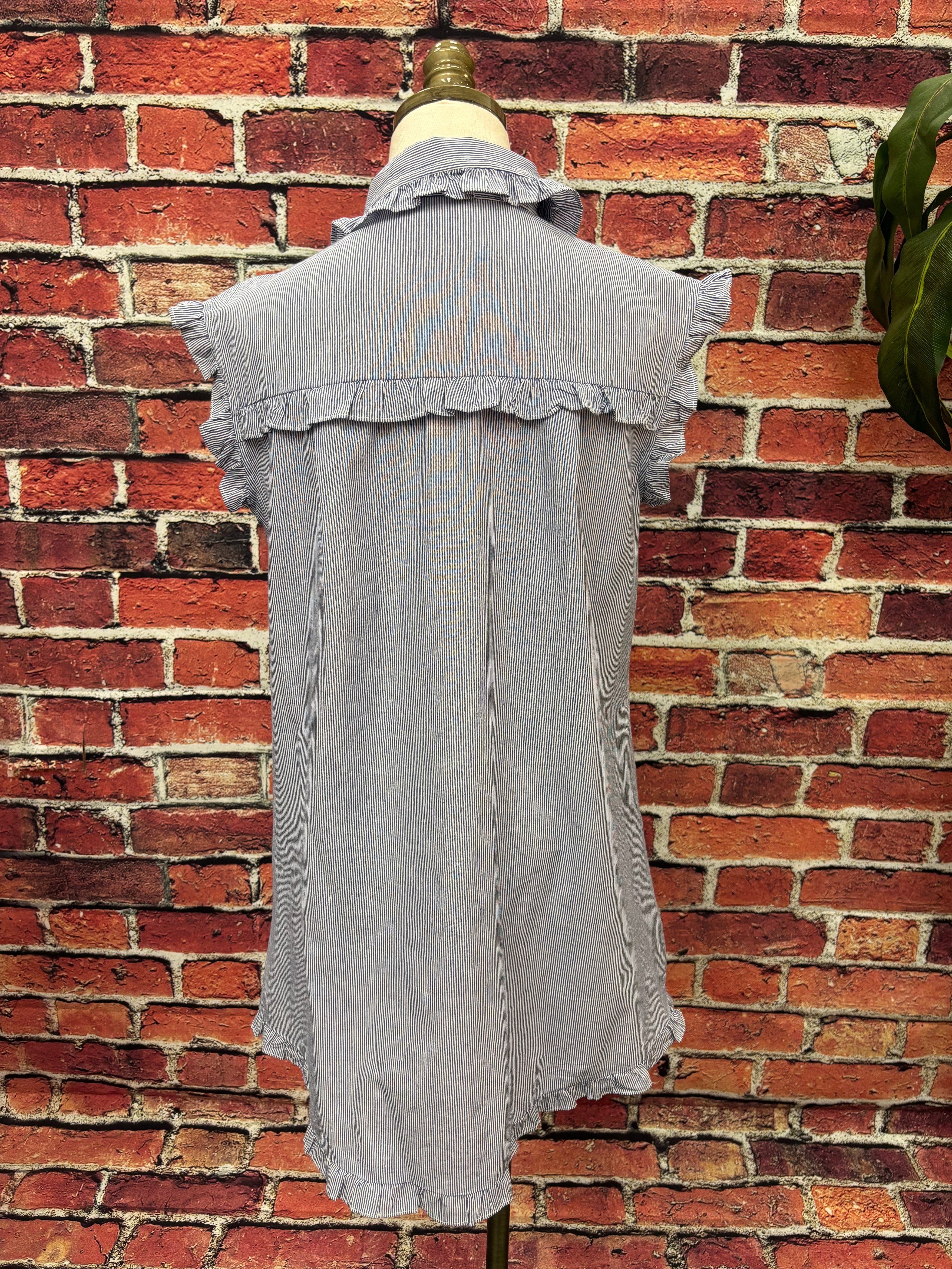 Blue & White Ruffle Button-Down Shirt Dress