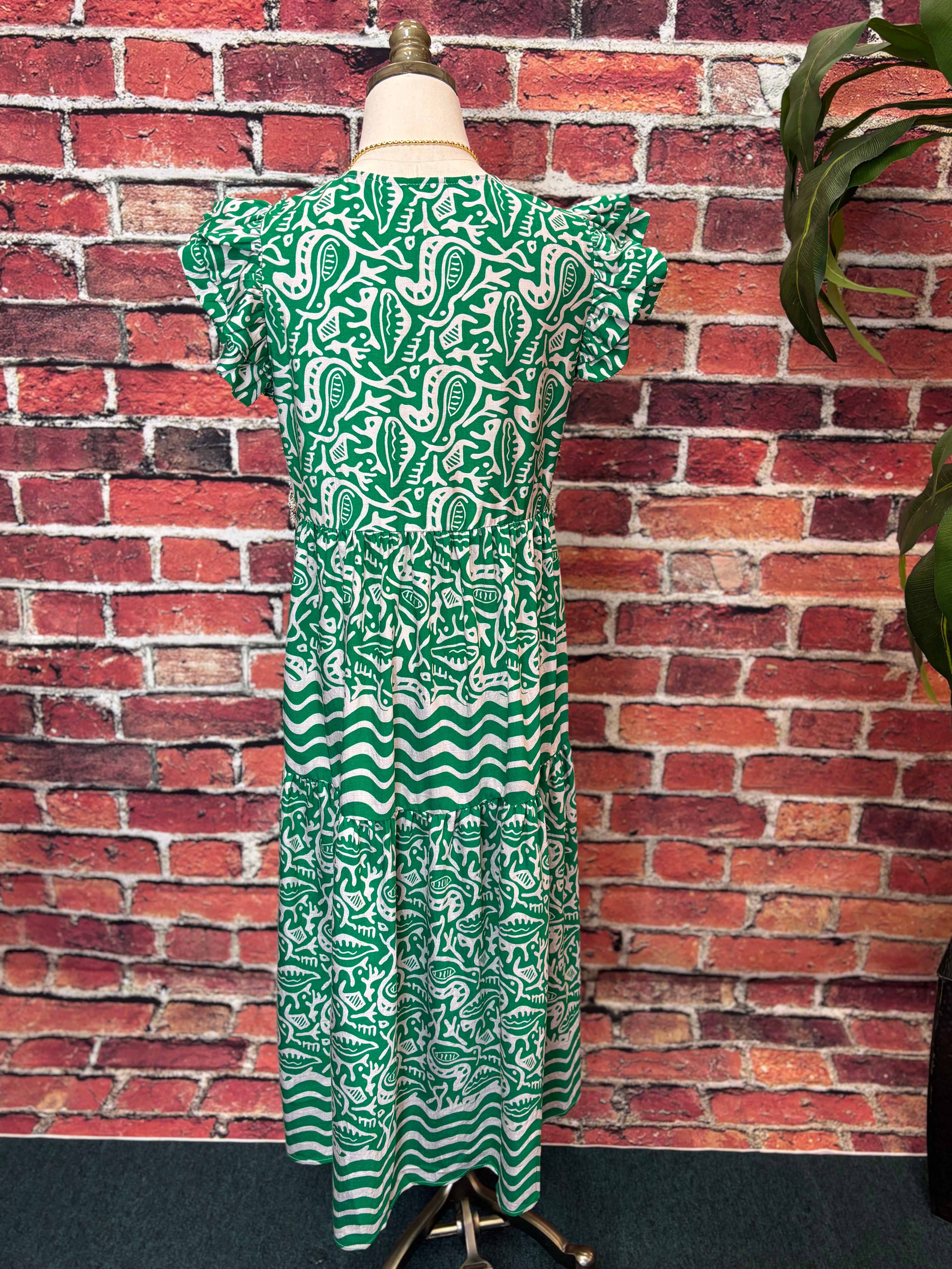 Emerald Wave Ruffle Midi Dress