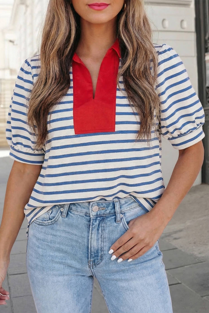 Stripe Short Puff Sleeve Collared Blouse