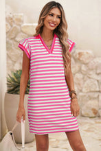 Load image into Gallery viewer, Striped Collar Split Neck Short Dress

