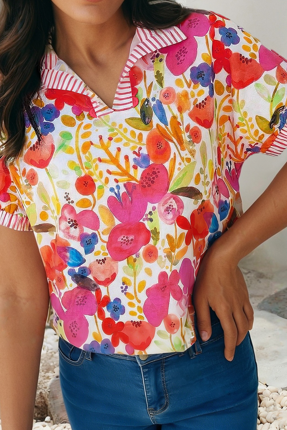 Striped Trim Collared V Neck Short Sleeve Floral Blouse