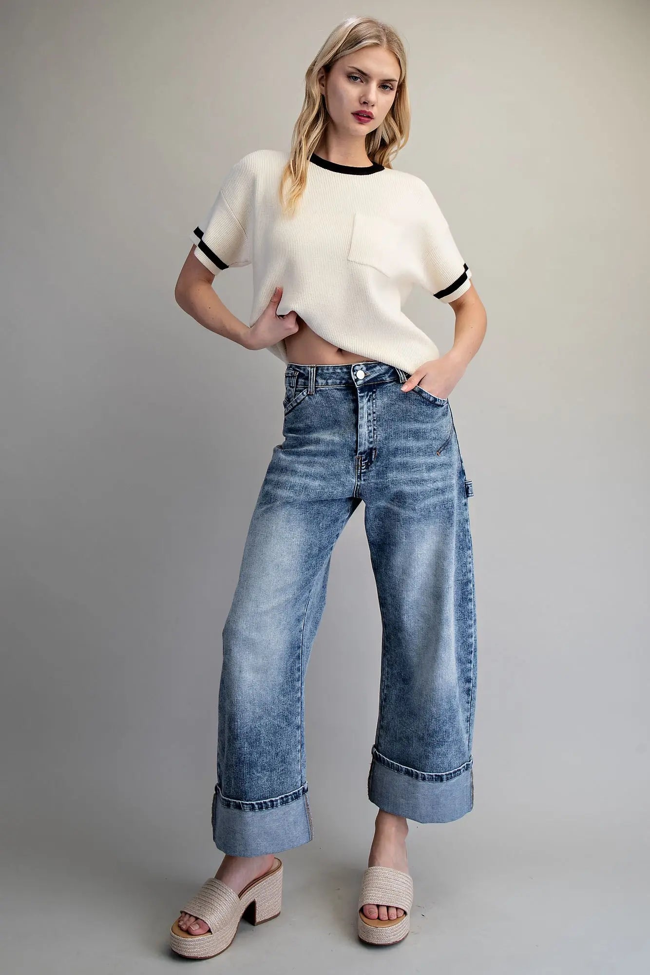 Zipper Front Rolled Up Hem Pants