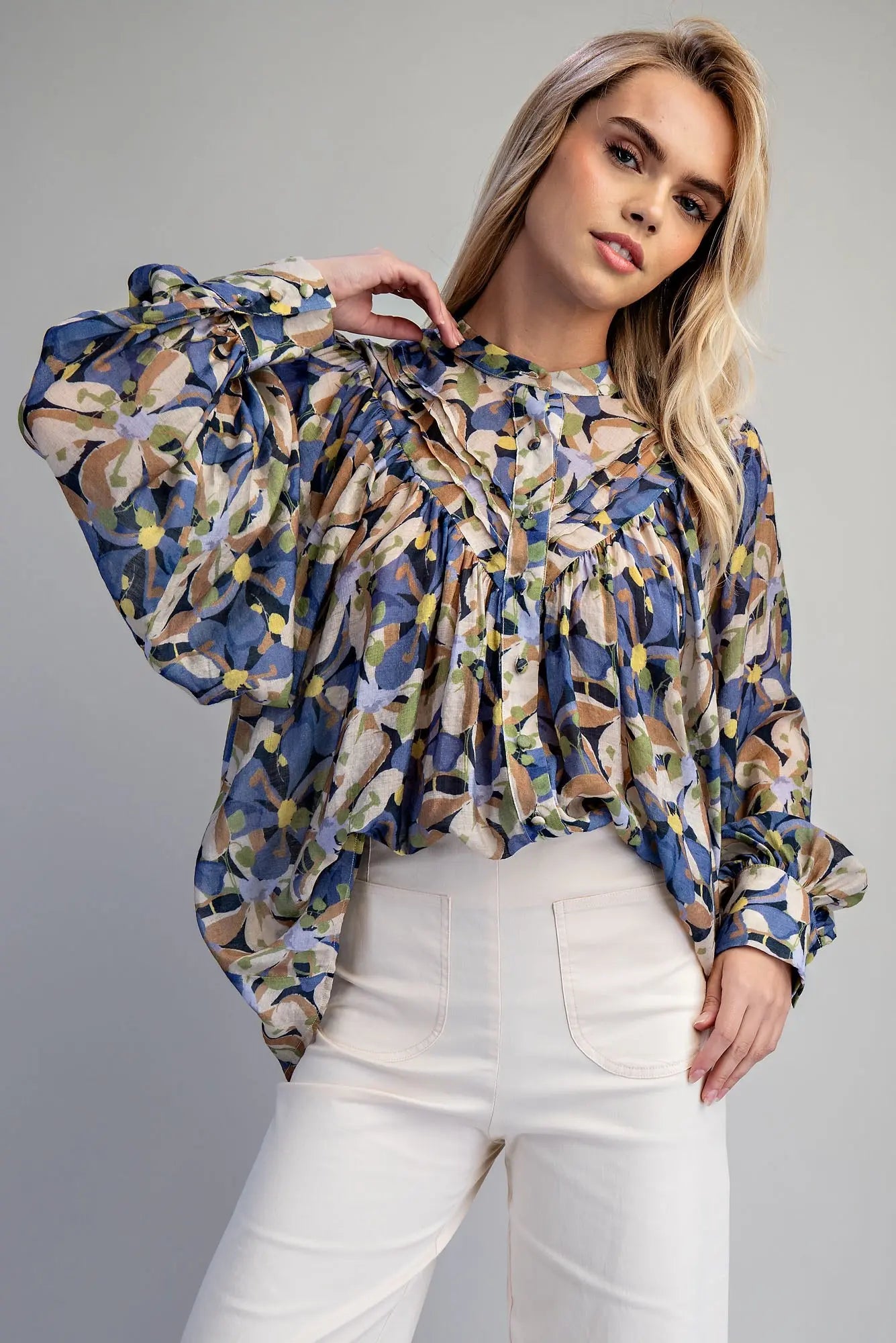 Button Down Botanical Printed Blouse