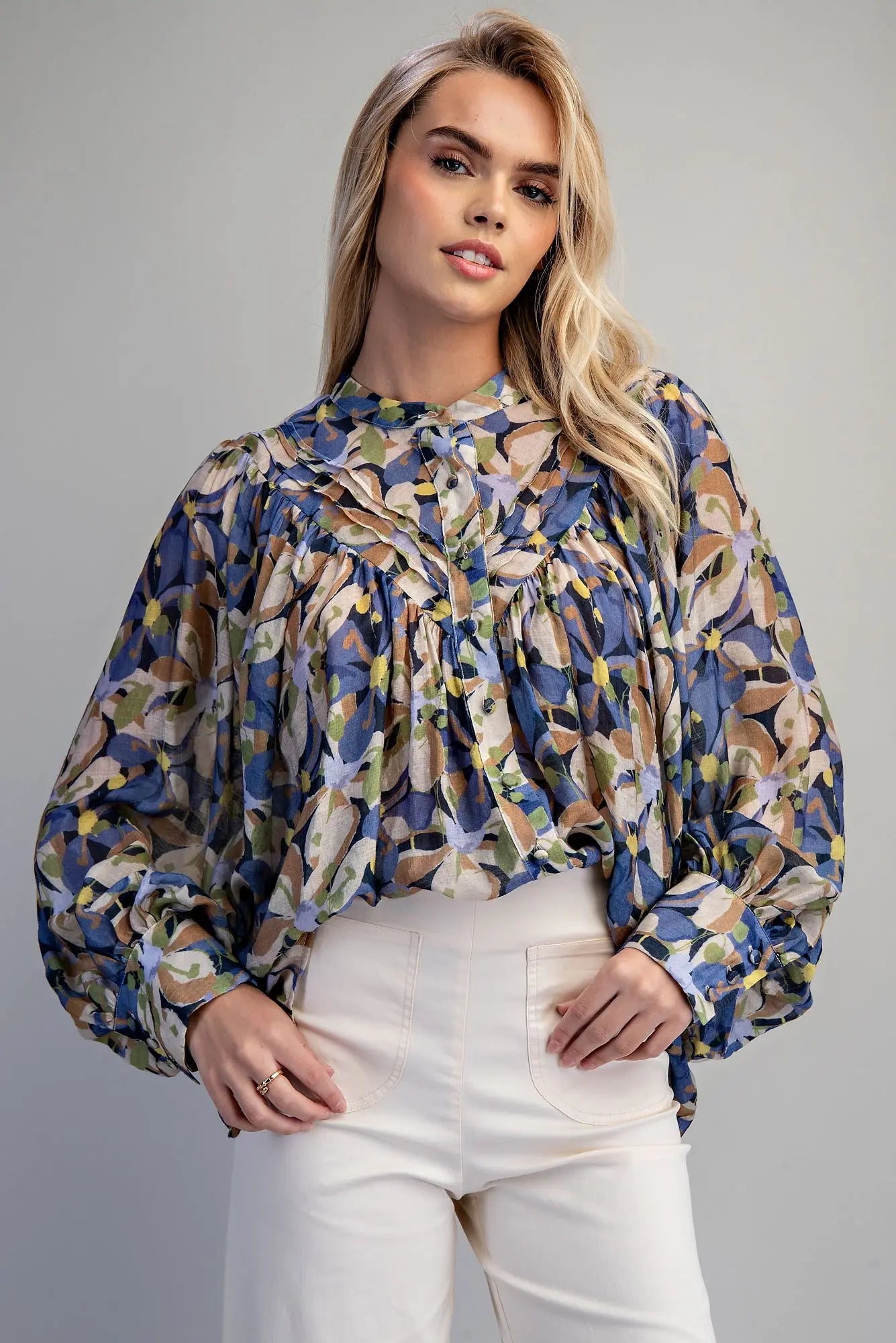Button Down Botanical Printed Blouse