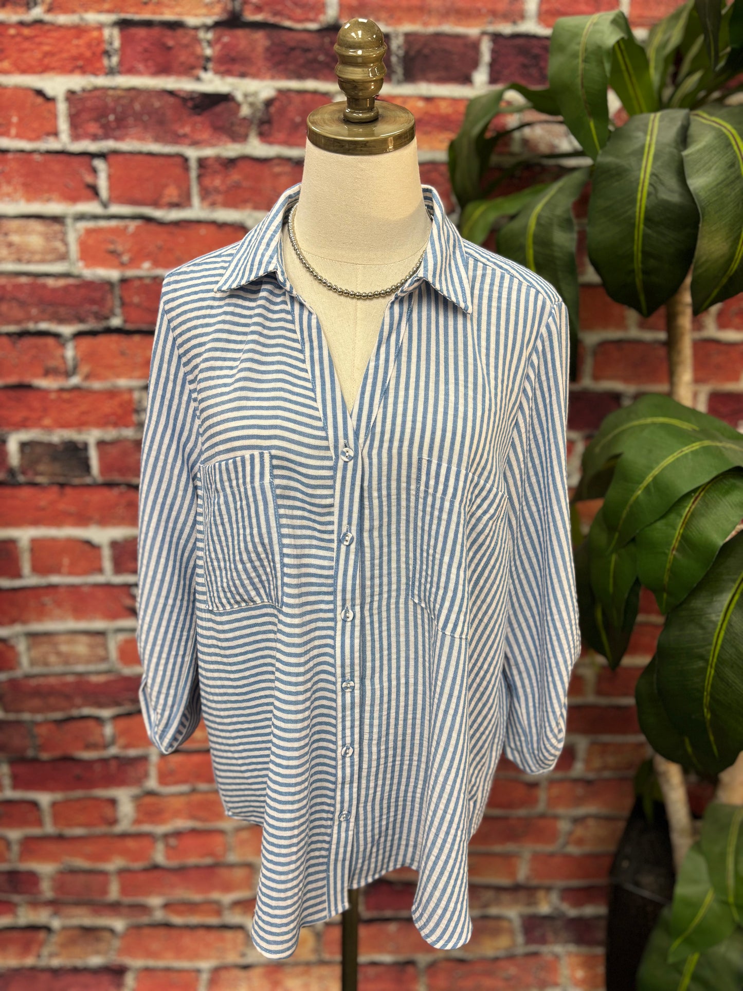 Coastal Stripe Button-Down Blouse