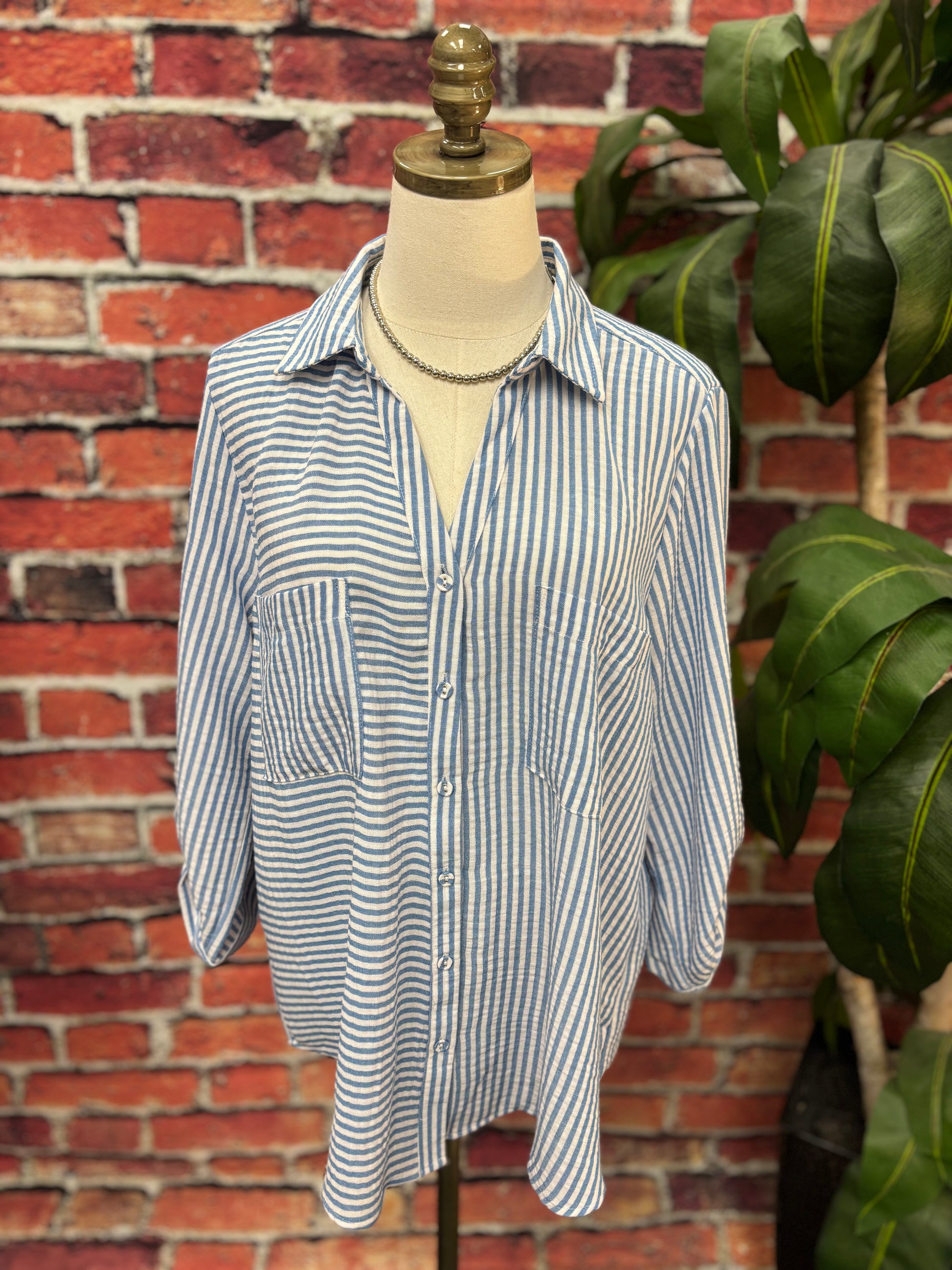 Coastal Stripe Button-Down Blouse