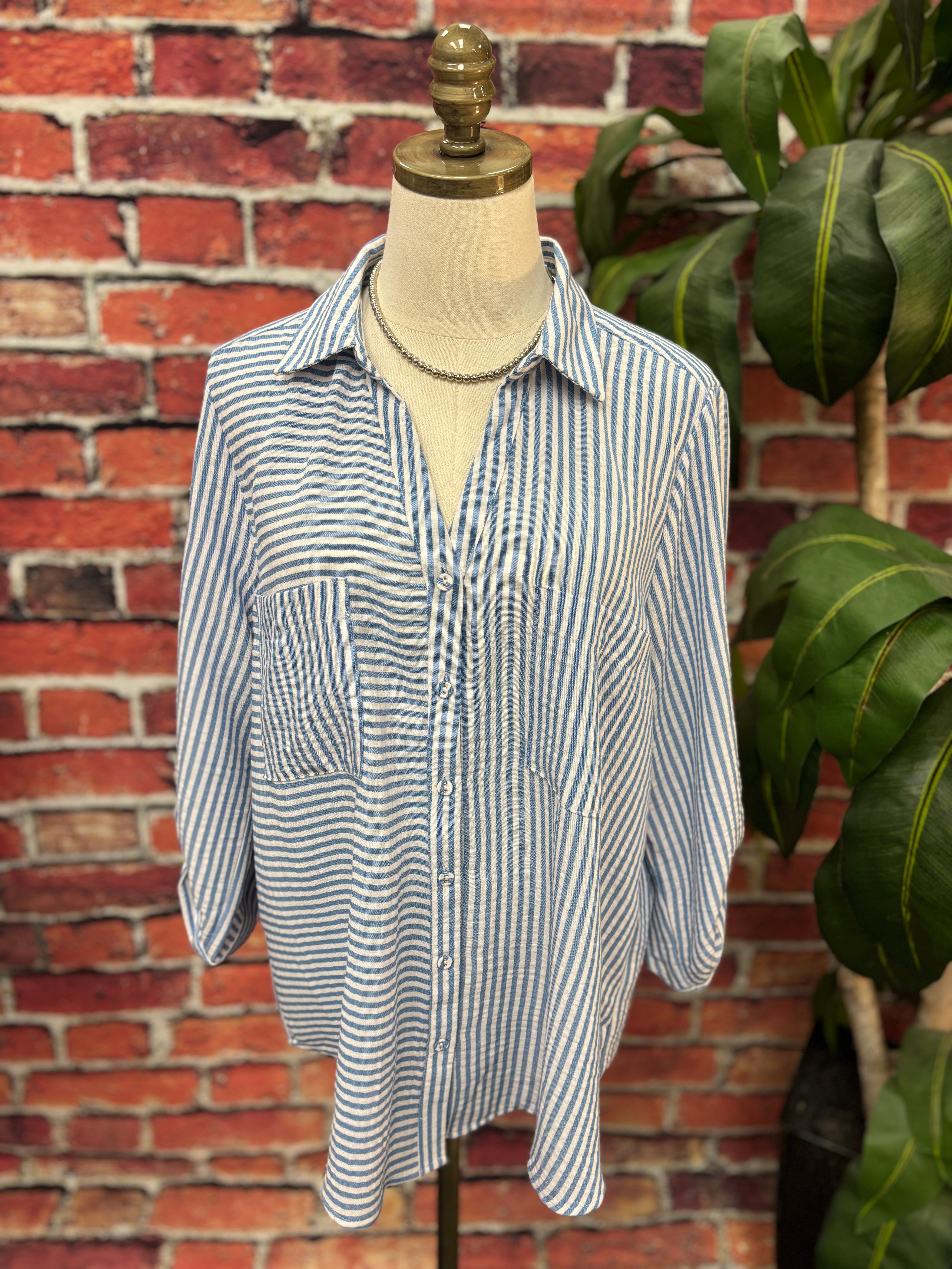 Coastal Stripe Button-Down Blouse