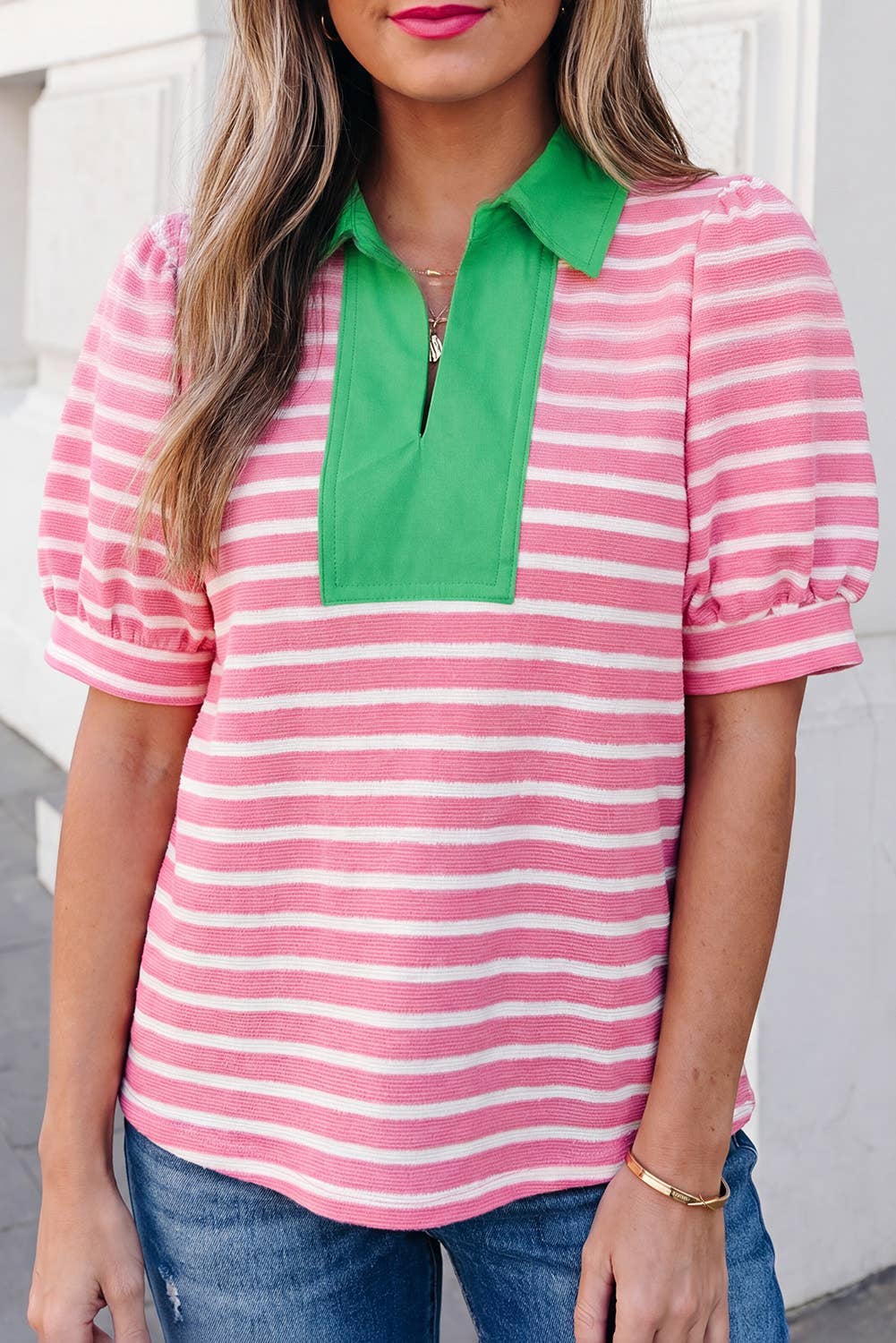 Stripe Short Puff Sleeve Collared Blouse