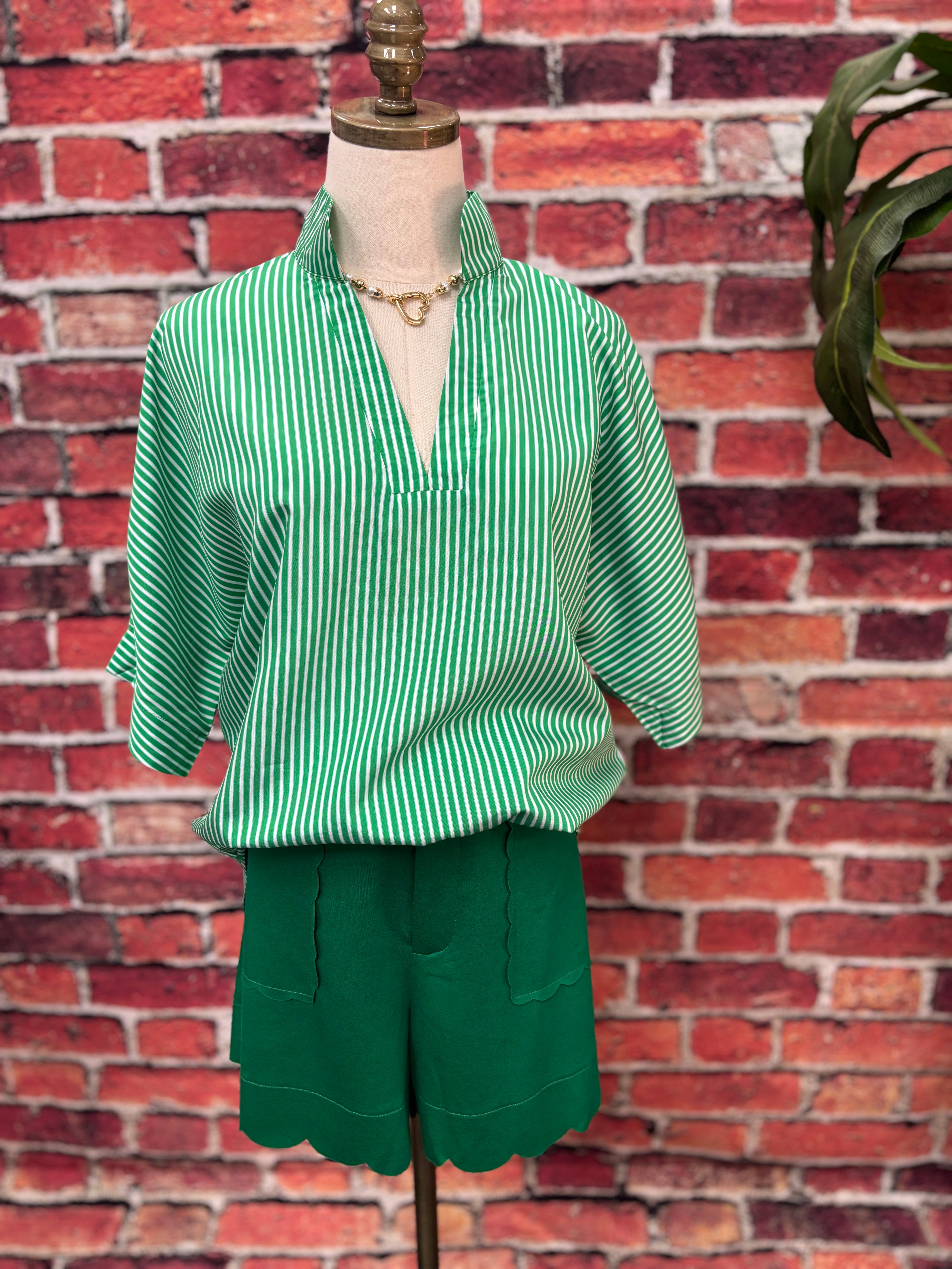 Green & White Striped Notch-Neck Blouse