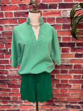 Load image into Gallery viewer, Green &amp; White Striped Notch-Neck Blouse
