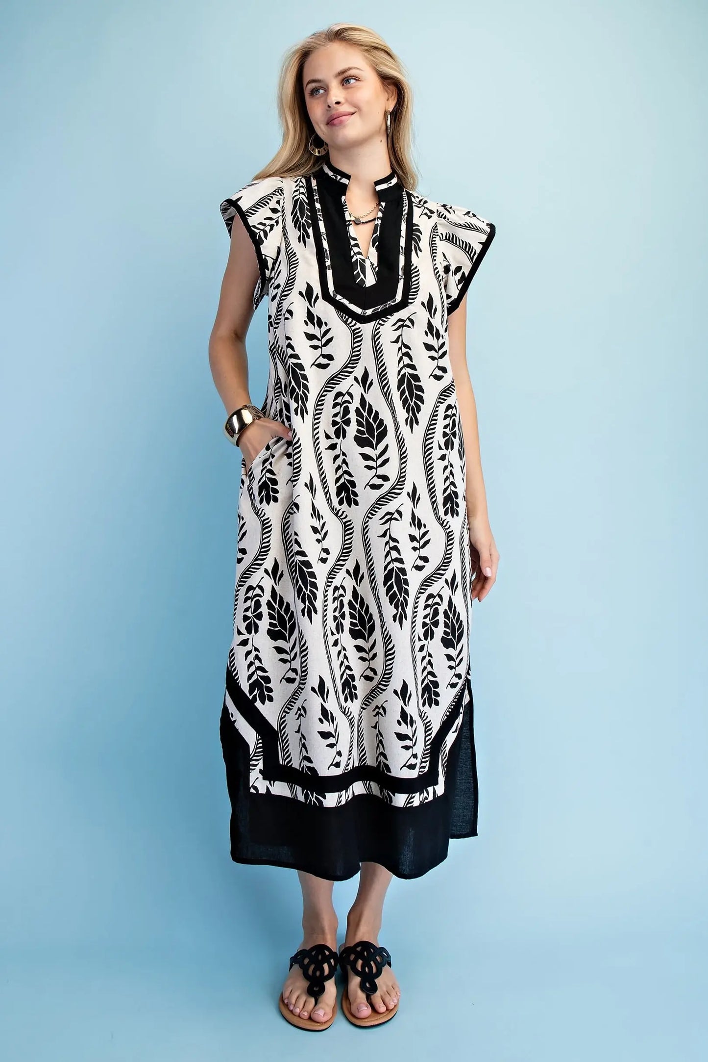 Linen V-Neck Midi Dress