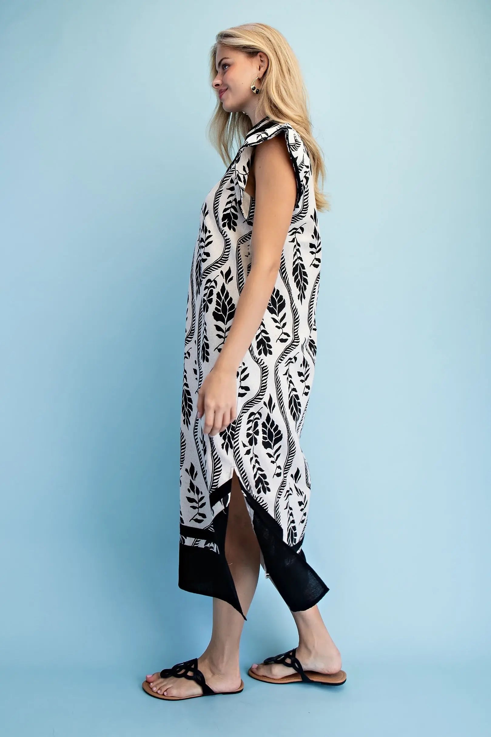 Linen V-Neck Midi Dress