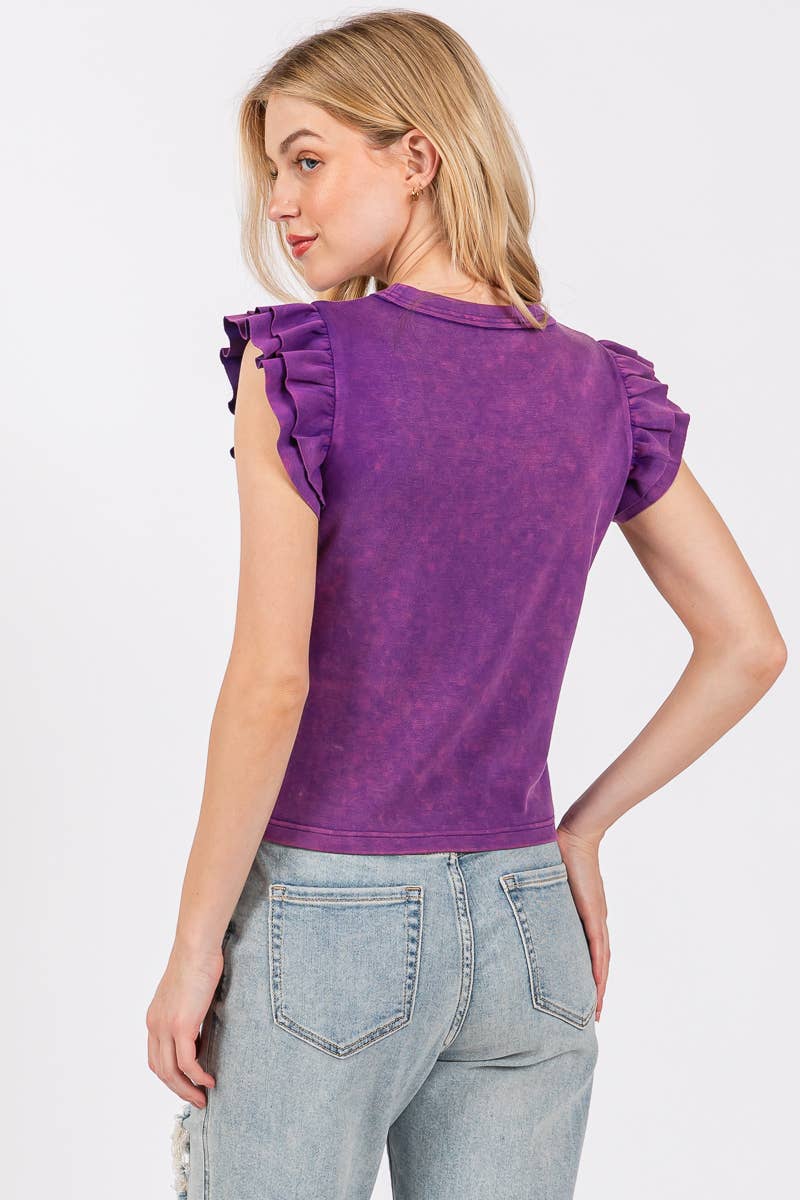 Mineral Washed Ruffle Sleeve Top