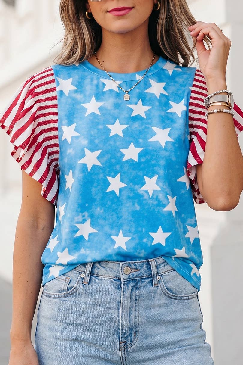 Independence Day Star & Stripe Ruffle Sleeve Top