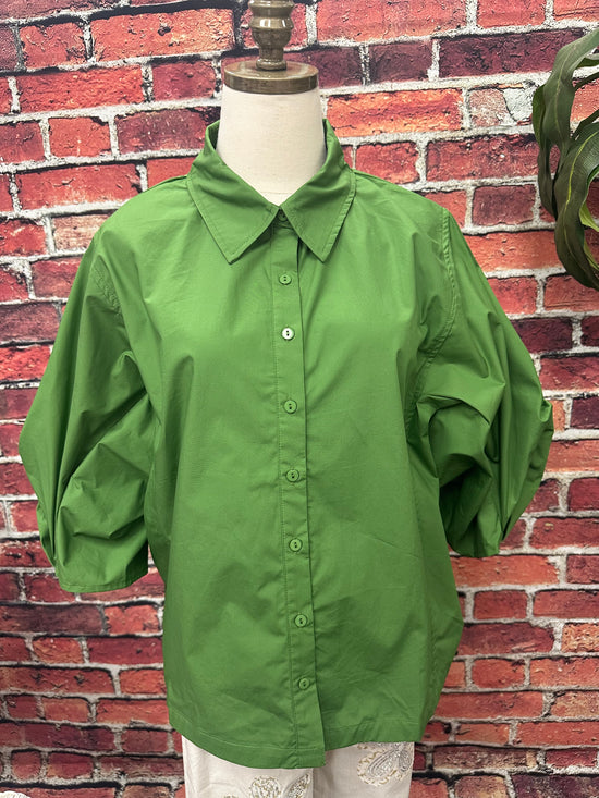 Poplin Bishop Sleeve Button Up Blouse