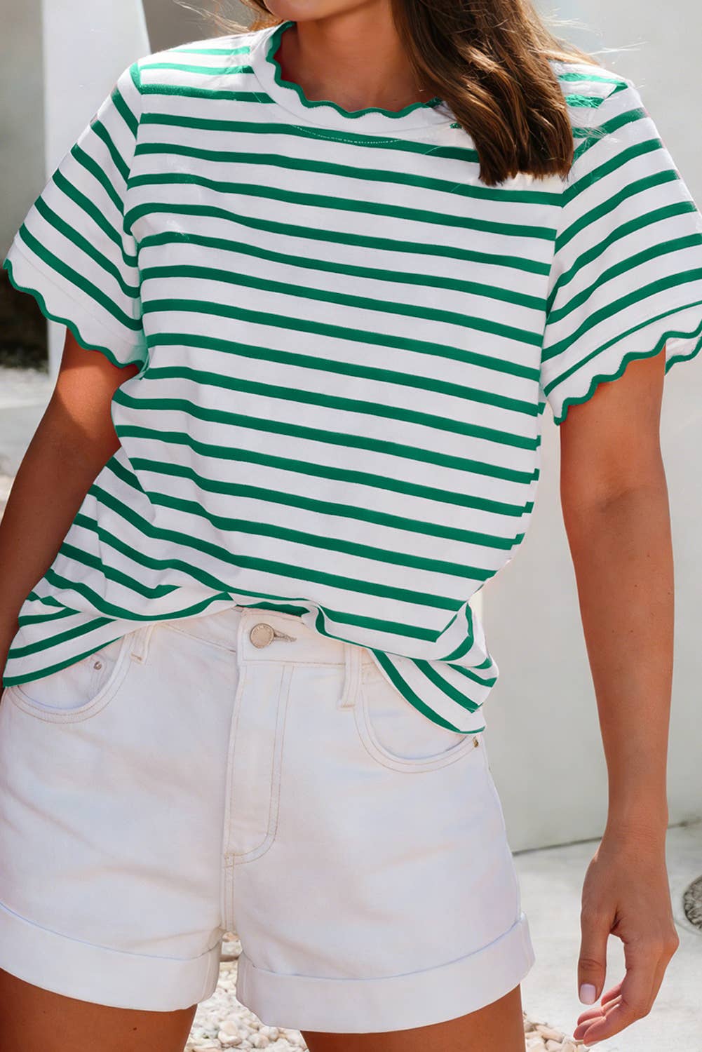 Spring Scalloped Trim Round Neck Stripe Top