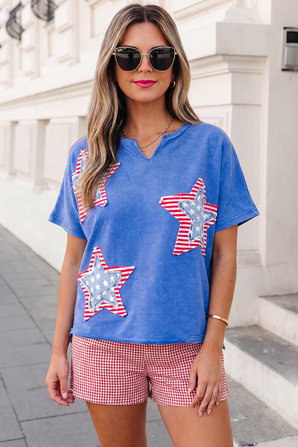 Flag Day Mineral Washed Star Patch V Neck Tee