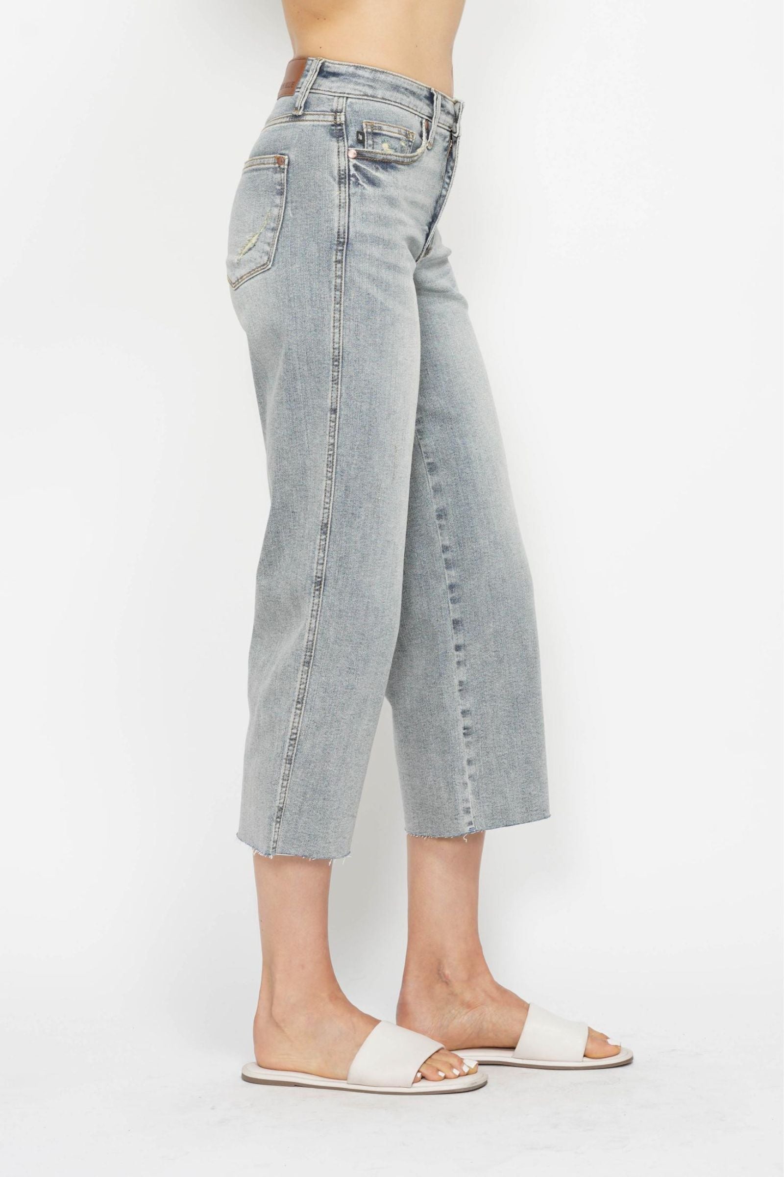Judy Blue Mid Rise Tummy Control Raw Hem Crop Wide