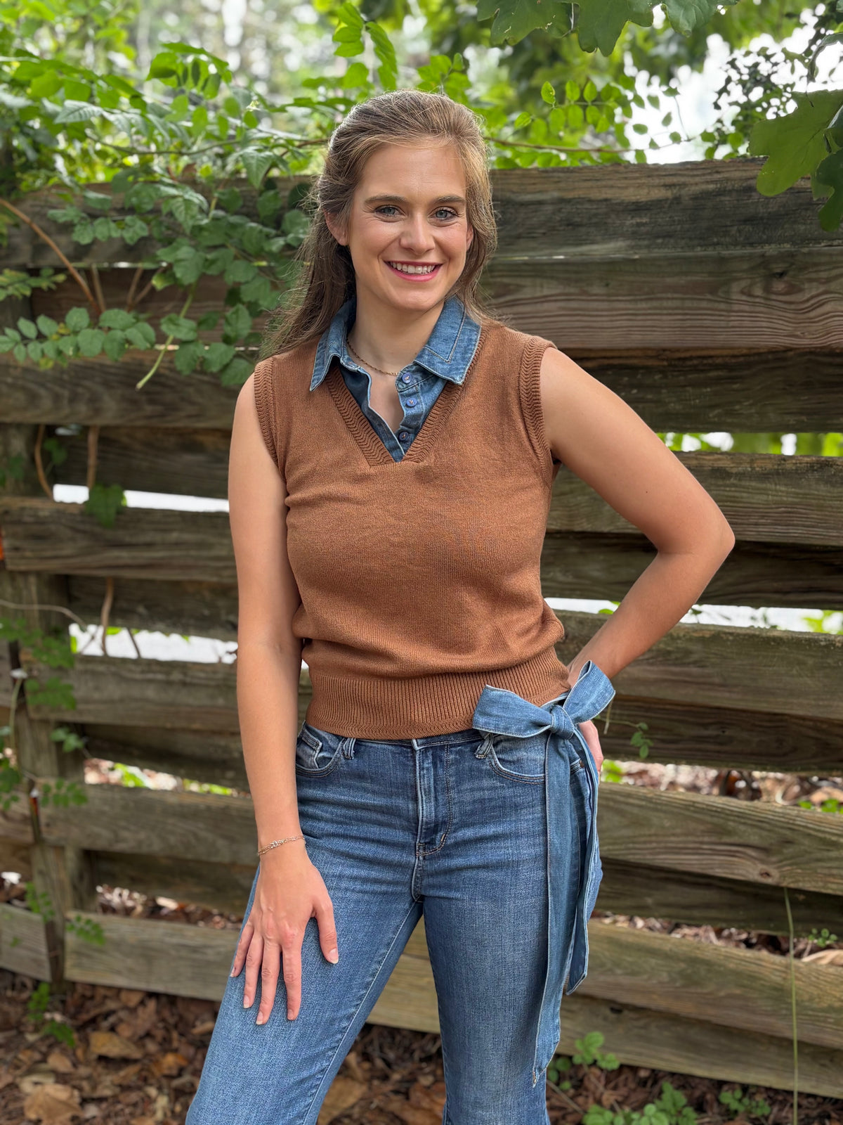 Denim Tie Neck Sleeveless Knit Top