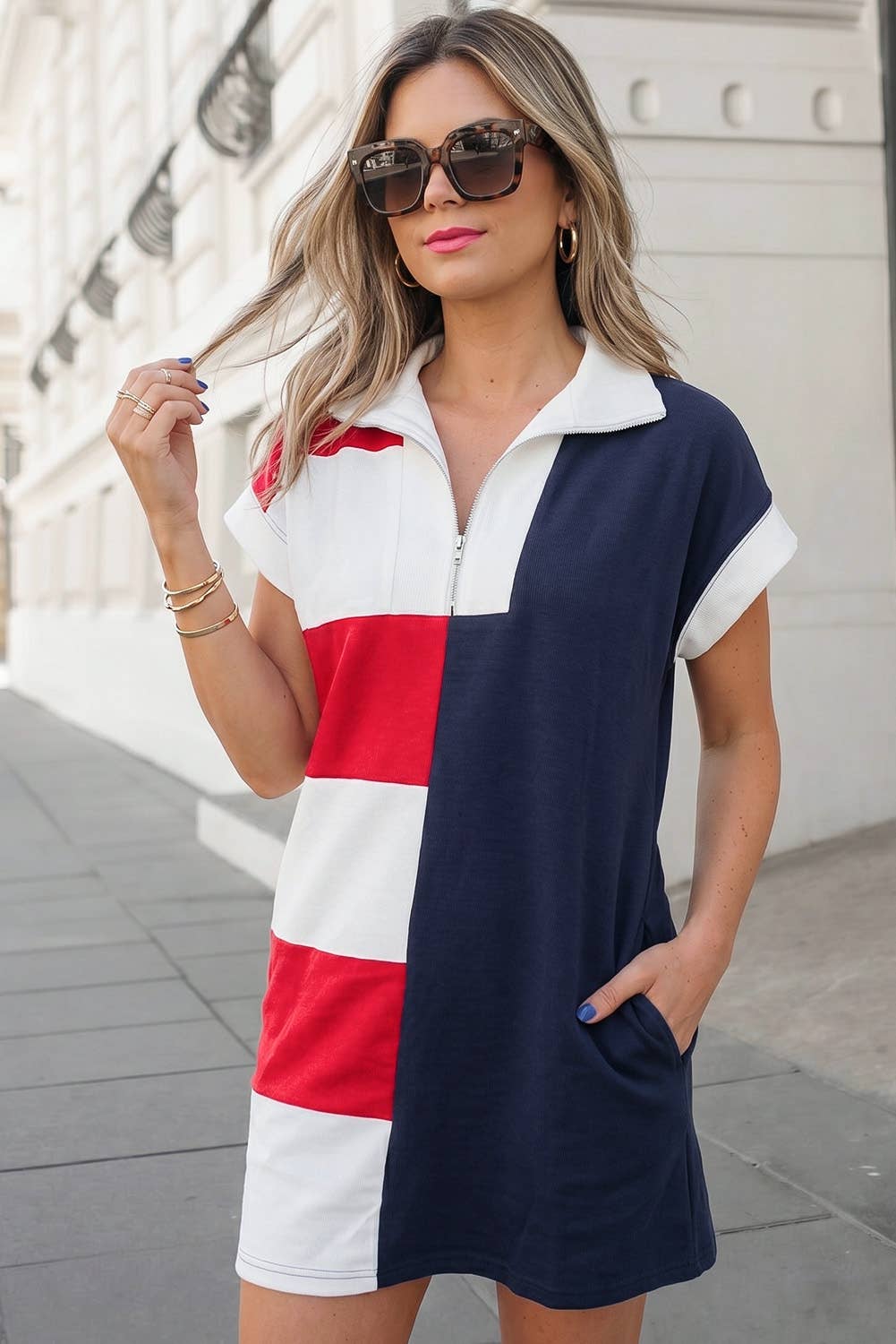 USA Flag Day Colorblock Zip Collared Mini Shirt Dress
