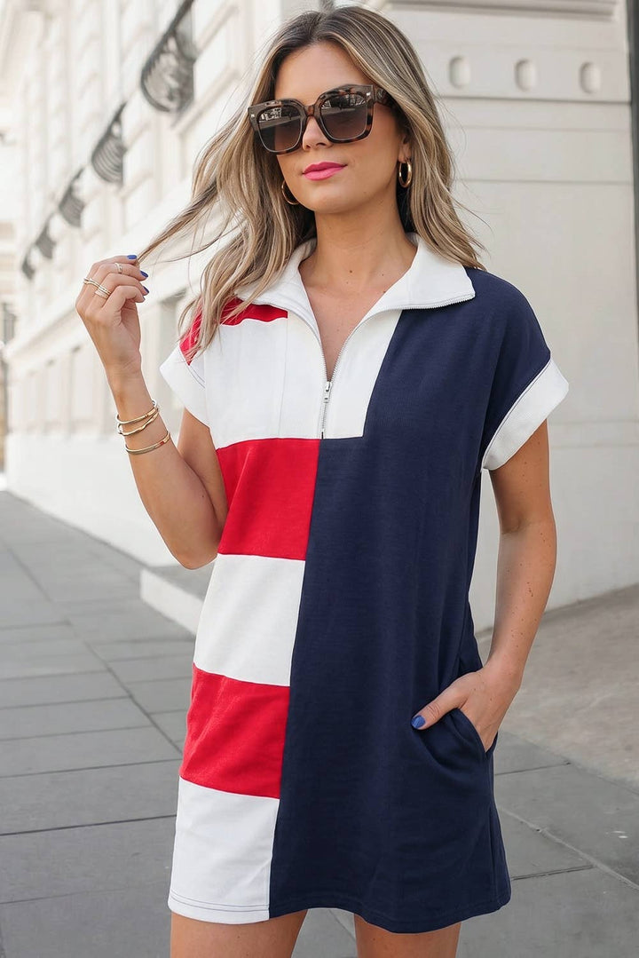 USA Flag Day Colorblock Zip Collared Mini Shirt Dress
