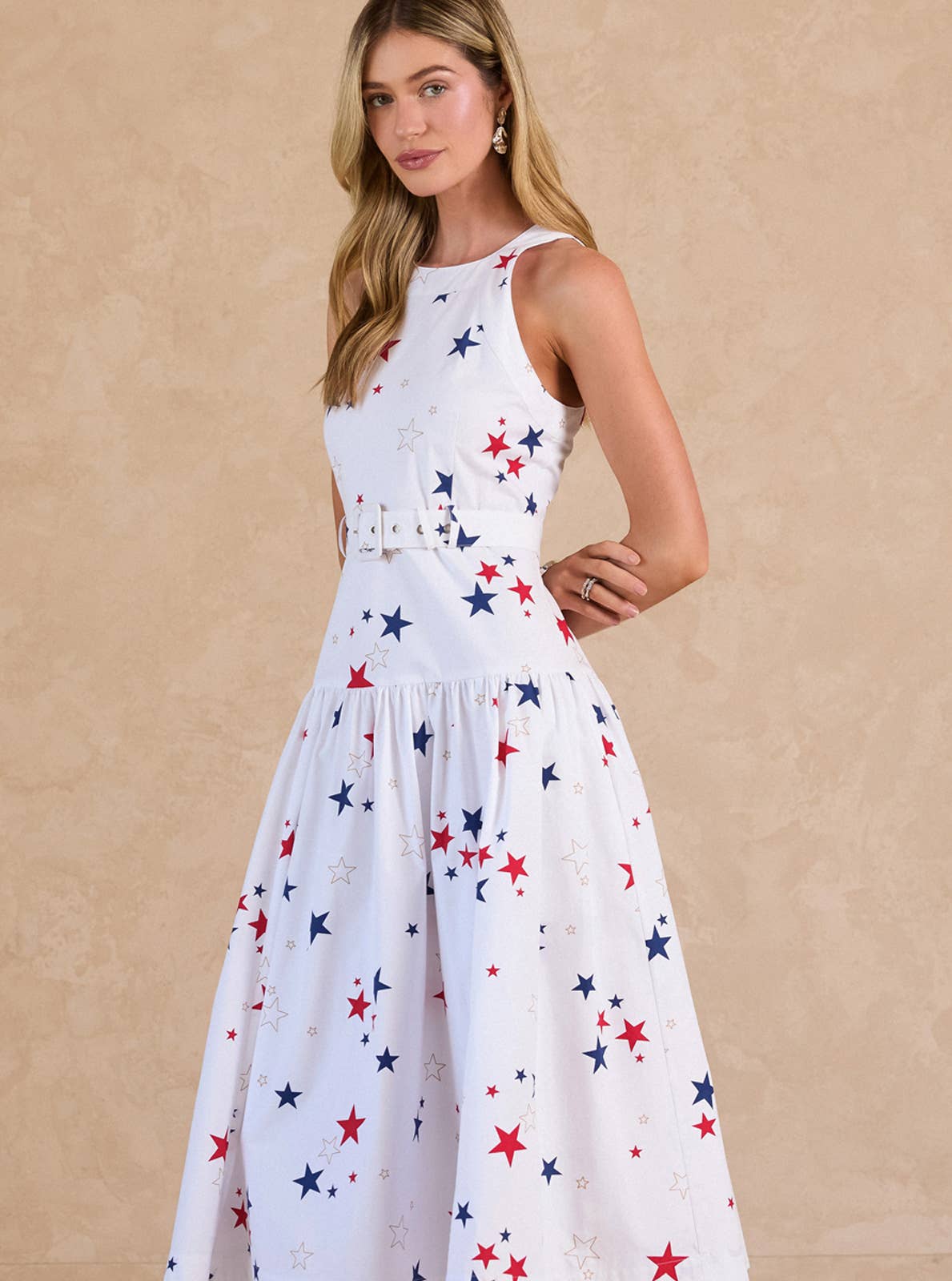 Star Printed Belted Sleeveless Midi Dress