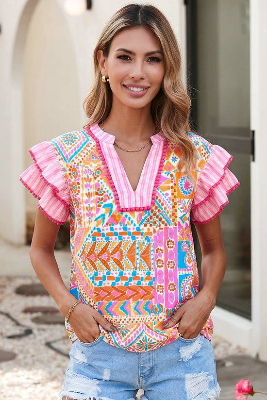 Boho Contrast Striped Patchwork Tiered Blouse