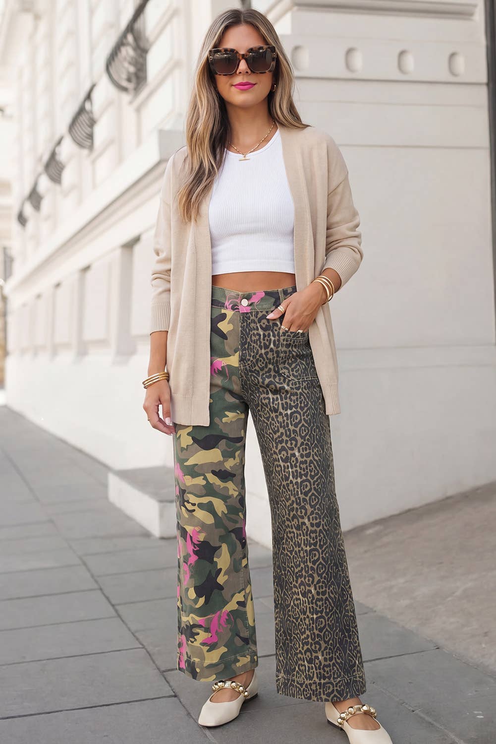 Fashion Leopard Camo Print Wide Leg Jeans
