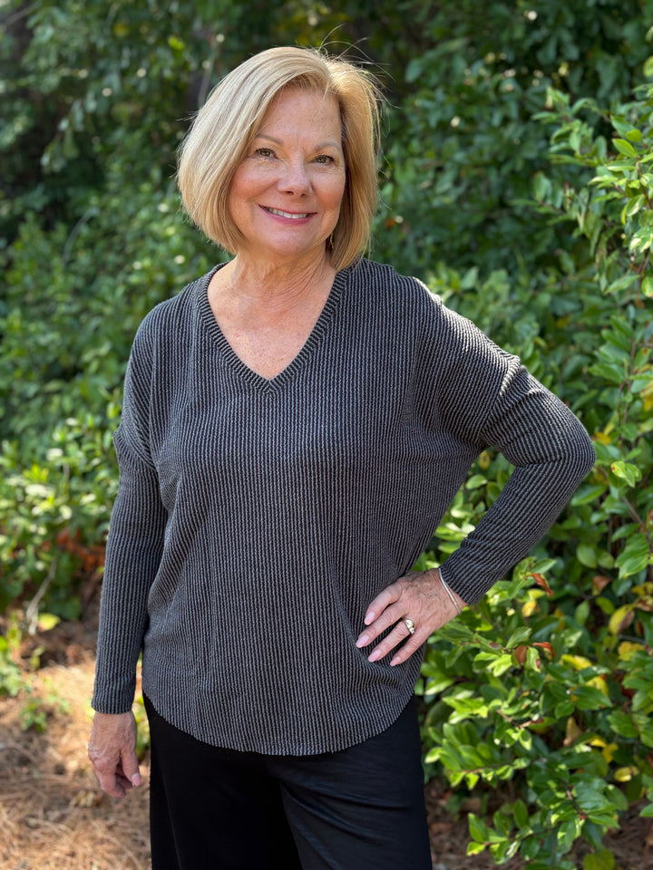 Wave Rib V-Neck Long Sleeve Top