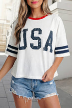 Load image into Gallery viewer, USA Letter Print Striped Sleeve Tee
