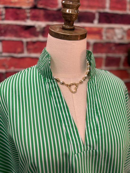 Green & White Striped Notch-Neck Blouse