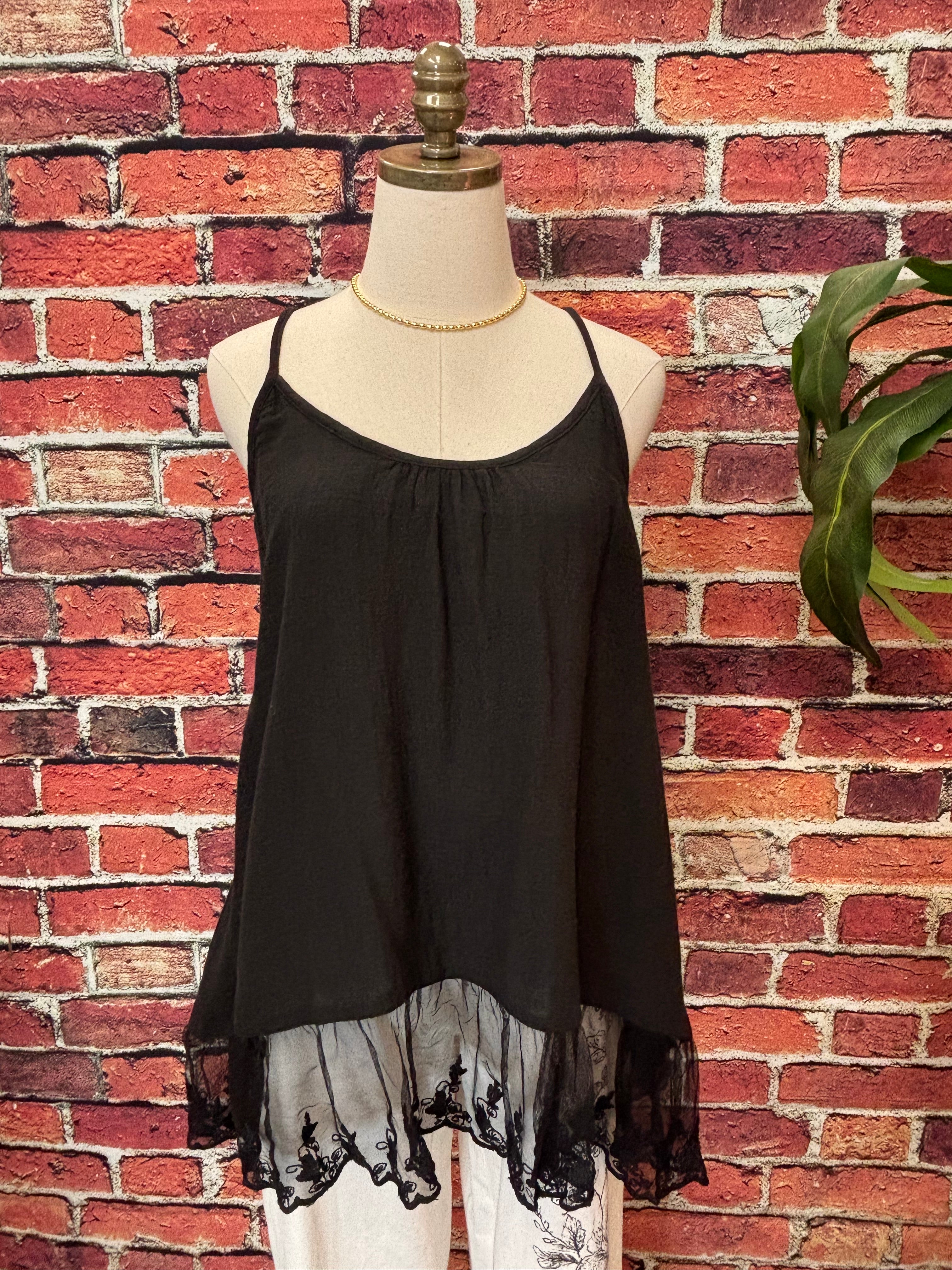 Black Cotton Lace Hem Cami