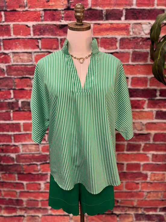 Green & White Striped Notch-Neck Blouse