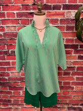 Load image into Gallery viewer, Green &amp; White Striped Notch-Neck Blouse

