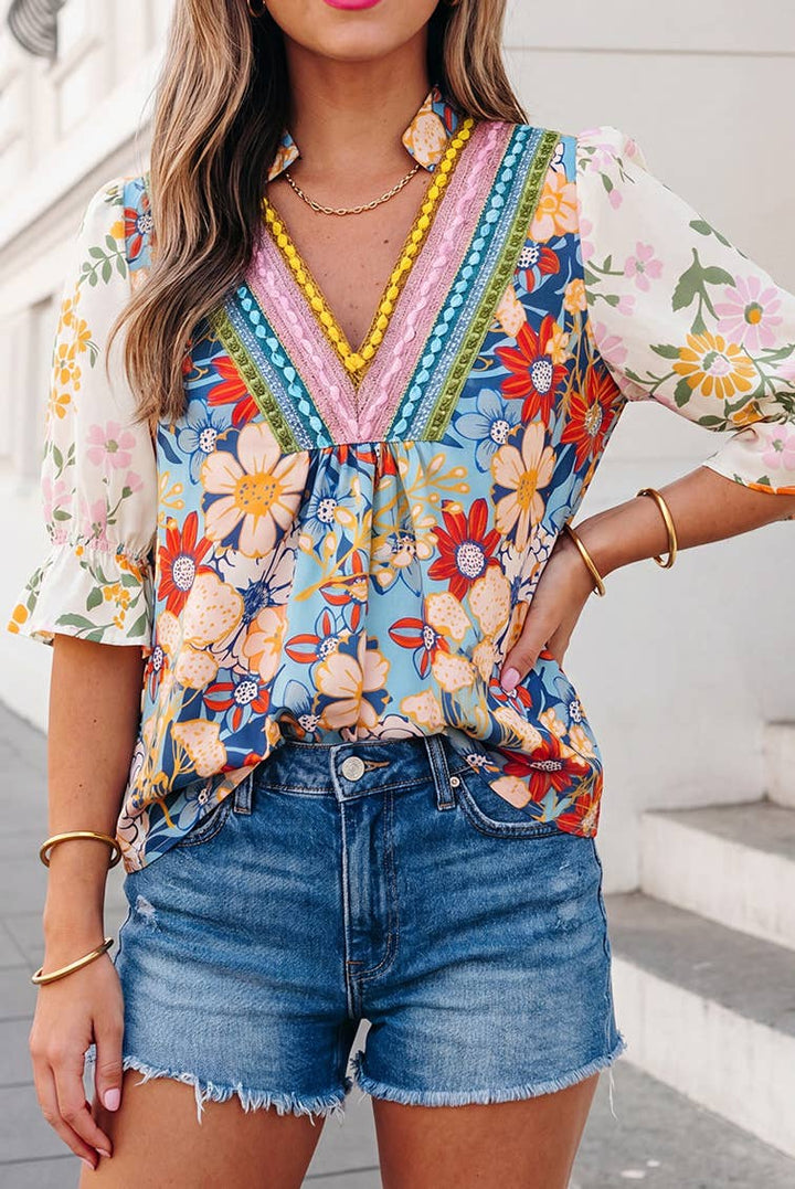 Boho Floral Crochet V Neck Half Sleeve Blouse